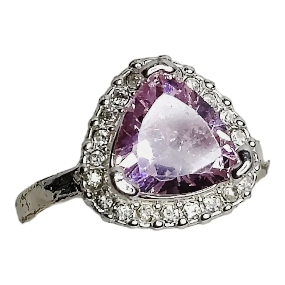Silver Tone Ring Sz 8 Triangle Cushion‎ Cut CZ Pink Stone Clear CZ Halo Jewelry